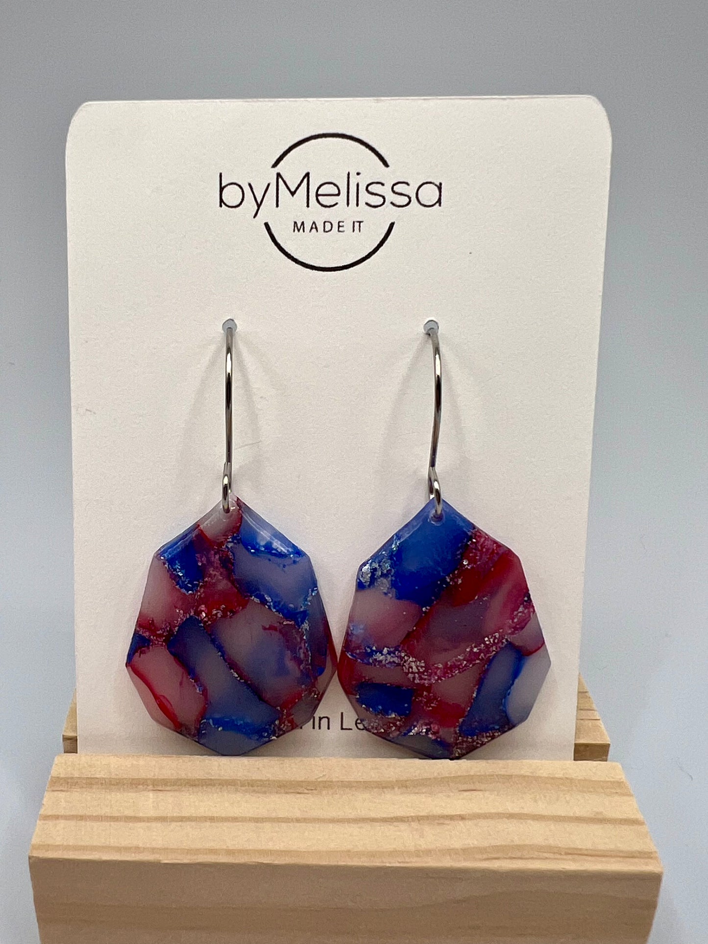 Red and Blue Small Octagon Drop Earrings in Silver