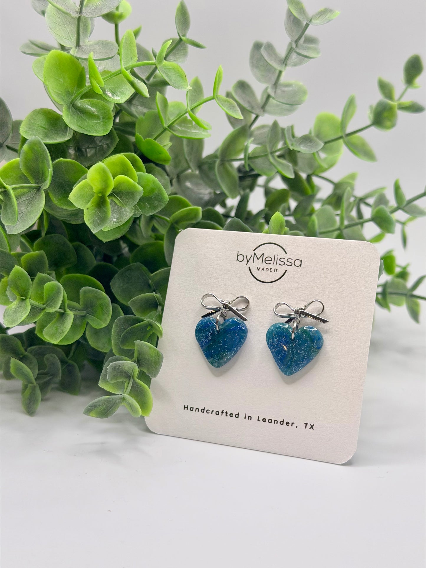 Forest Green and Blue Heart Bowknot Earrings in Silver