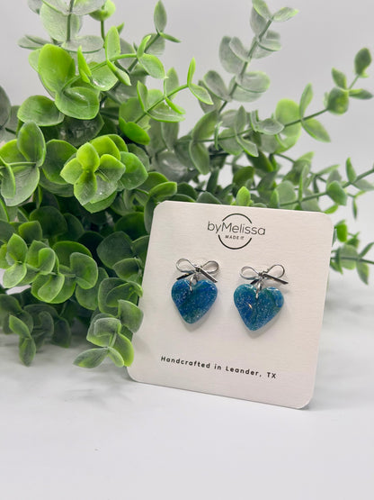 Forest Green and Blue Heart Bowknot Earrings in Silver
