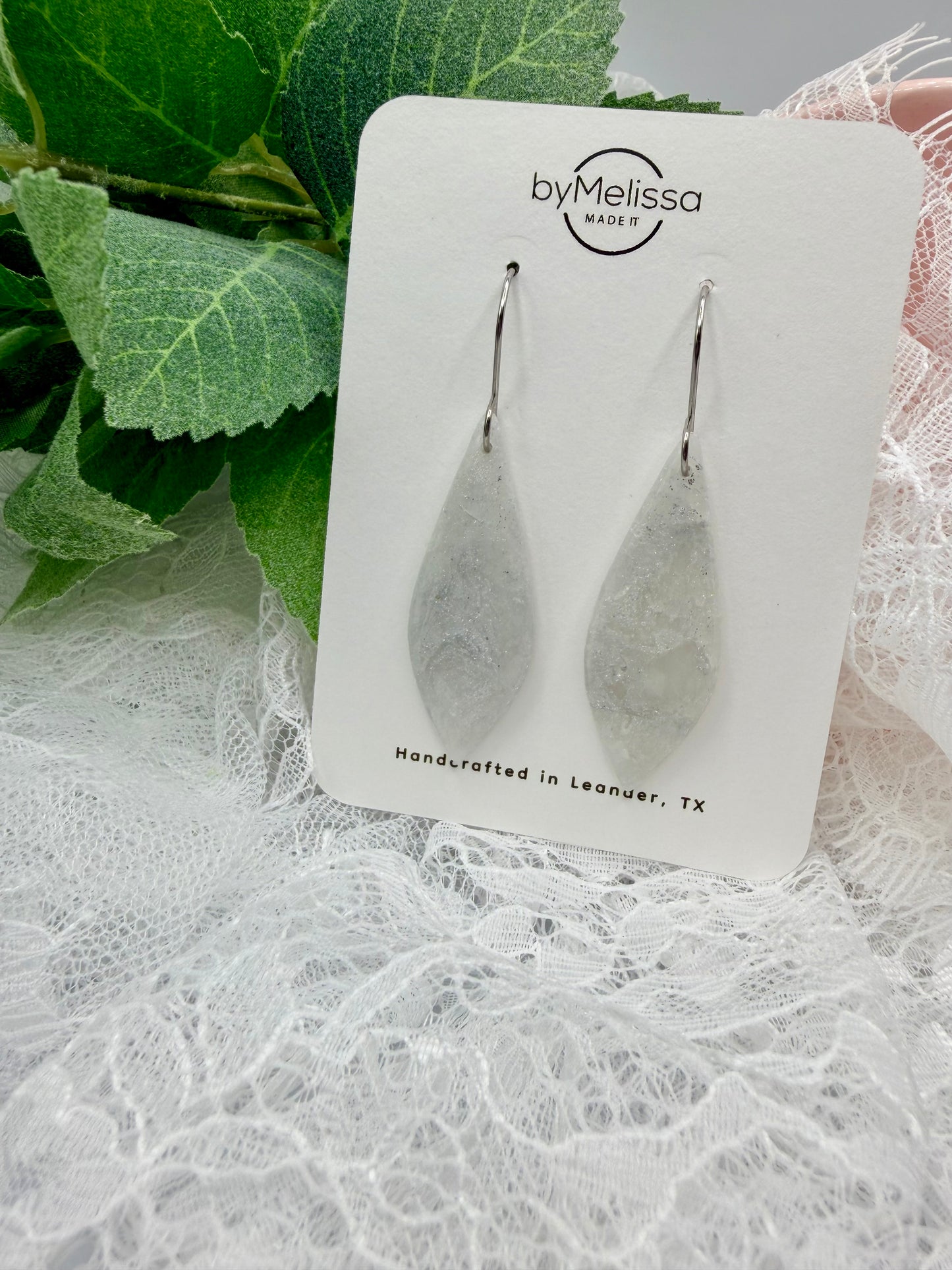 White and Silver Small Elongated Kite Drop Earrings