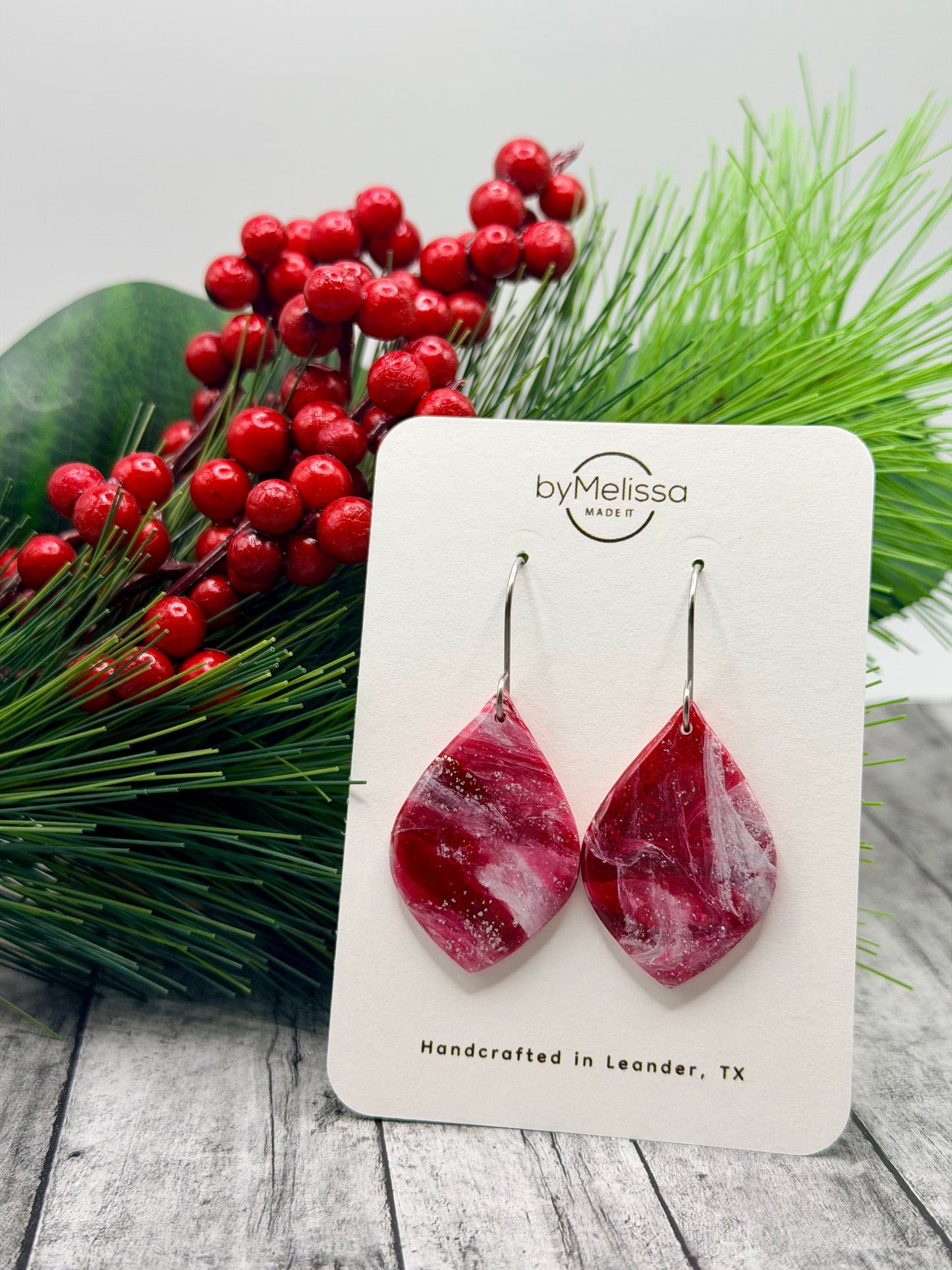 Red and White Small Wide Leaf Drop Earrings in Silver