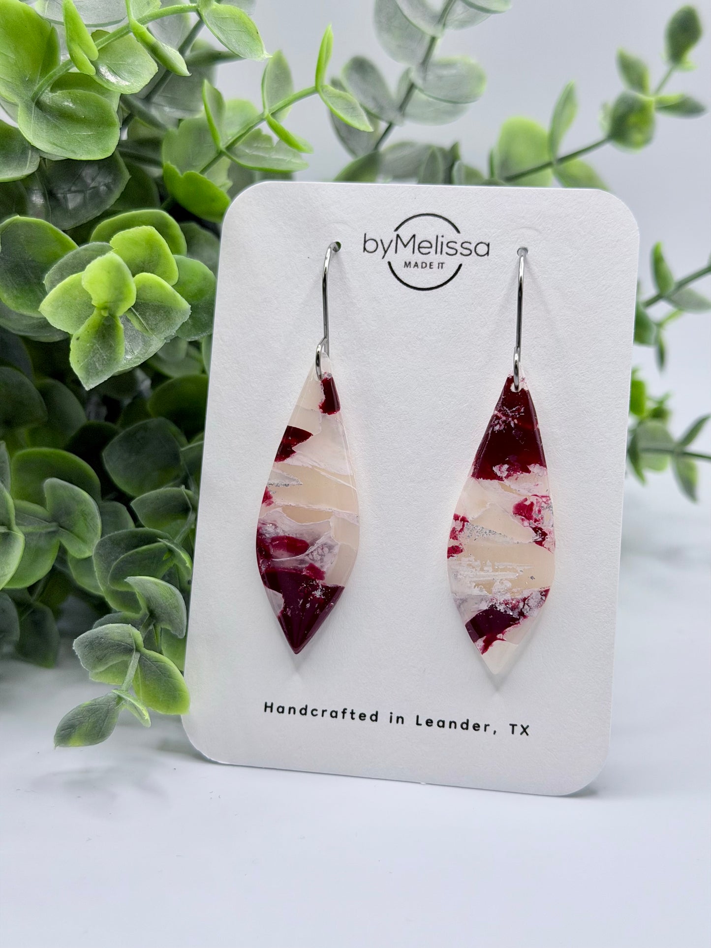 Maroon and White Small Elongated Kite Drop Earrings in Silver