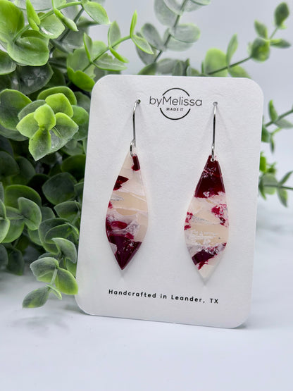 Maroon and White Small Elongated Kite Drop Earrings in Silver