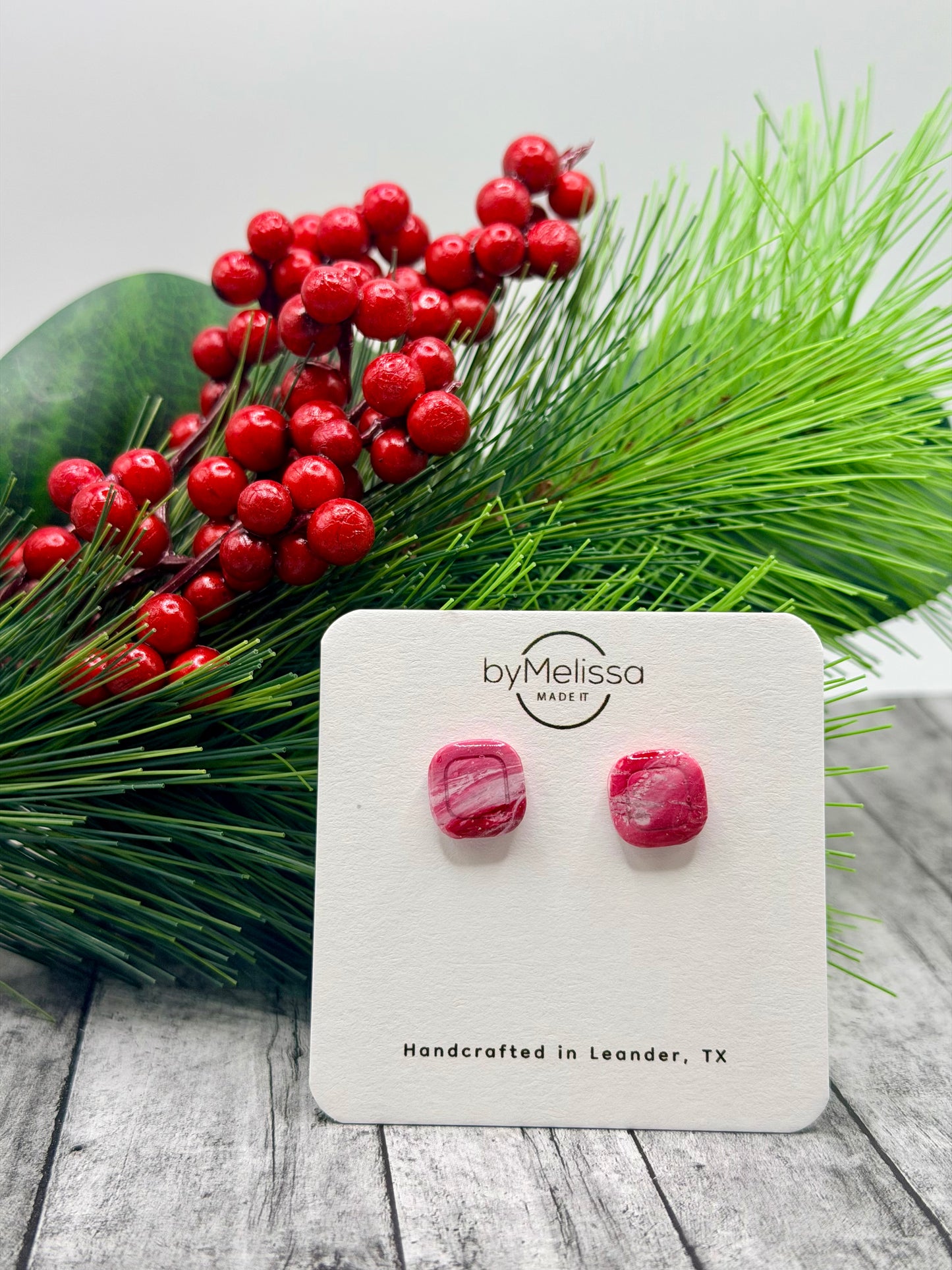 Red and White Small Embedded Square Stud Earrings