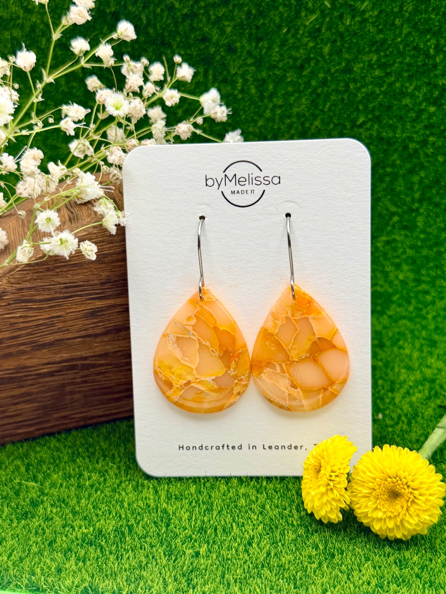 Orange Small Wide Teardrop Drop Earrings in Silver