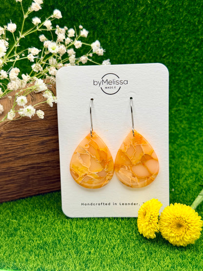 Orange Small Wide Teardrop Drop Earrings in Silver