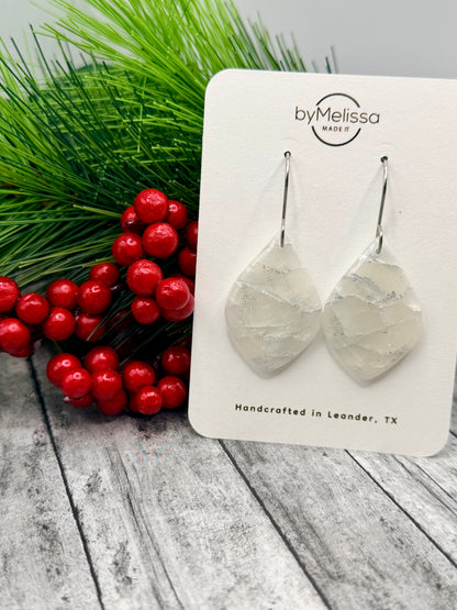 White and Silver Small Wide Leaf Drop Earrings