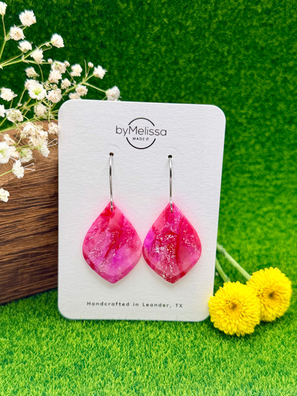 Red and Pink Small Wide Leaf Drop Earrings in Silver