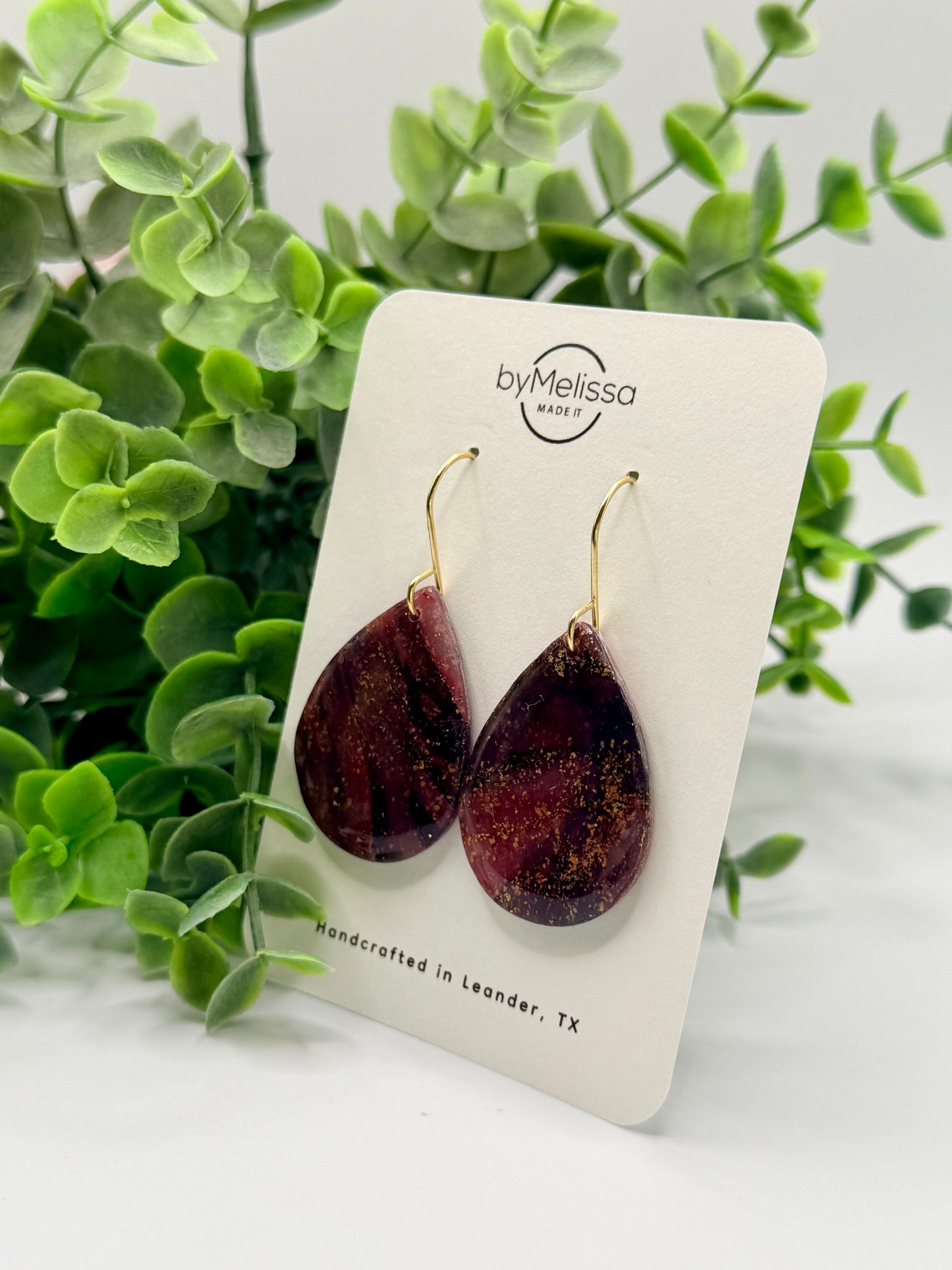 Maroon and Black Small Wide Teardrop Drop Earrings in Gold