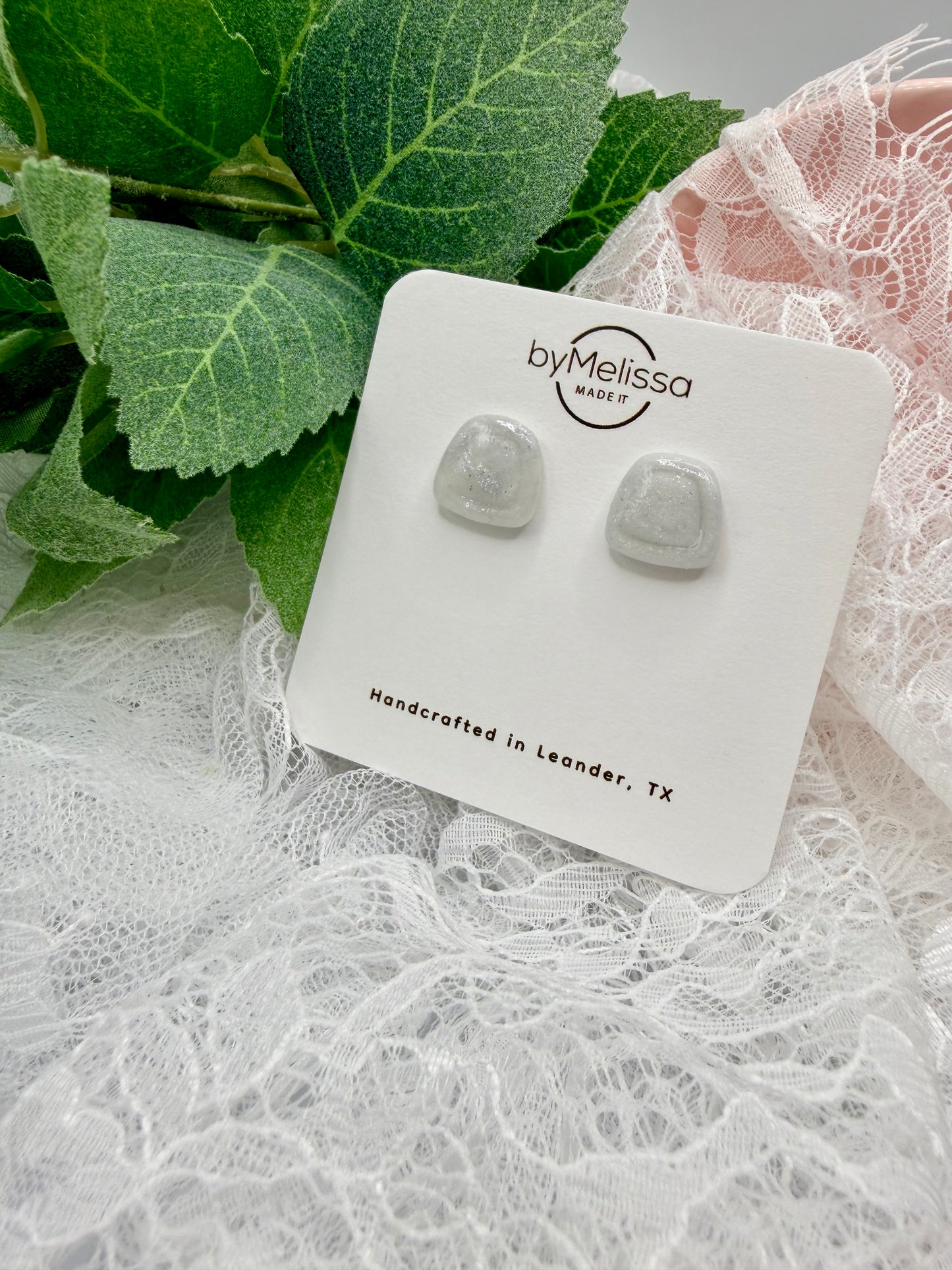 White and Silver Small Embedded Polygon Stud Earrings
