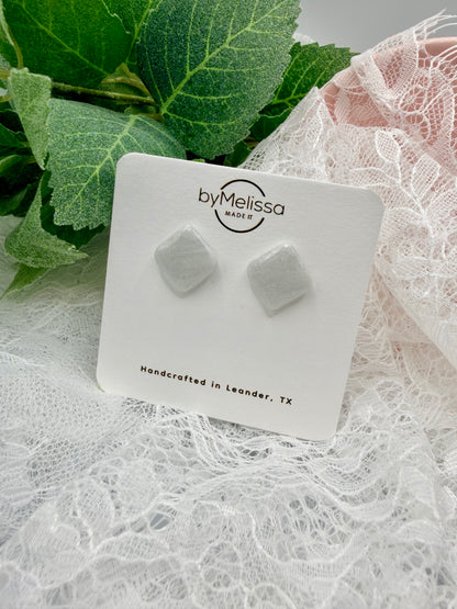 White and Silver Rounded Square Stud Earrings