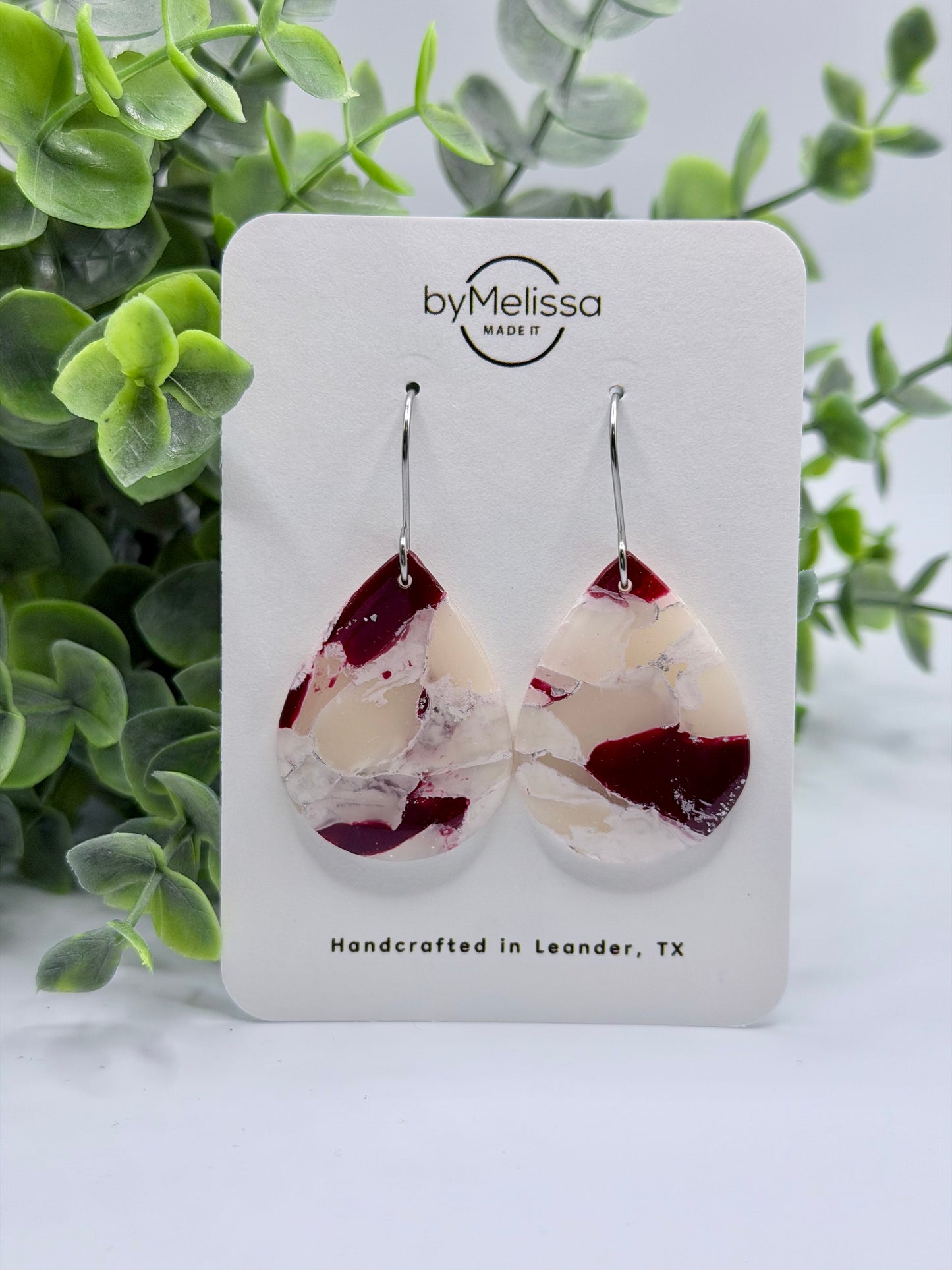 Maroon and White Small Wide Teardrop Drop Earrings in Silver
