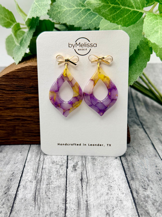 Purple and Gold Flame Drop with Gold Bowknot Studs