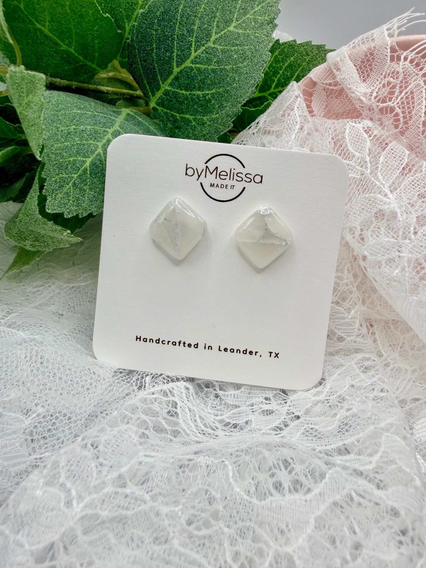 White and Silver Rounded Square Stud Earrings