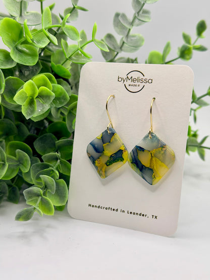 Navy and Gold Small Rounded Square Drop Earrings in Gold