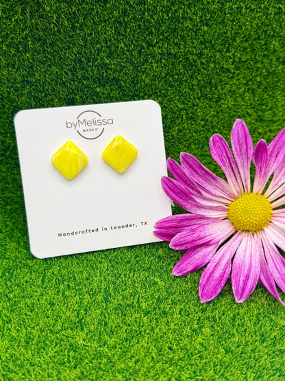 Yellow and White Rounded Square Stud Earrings