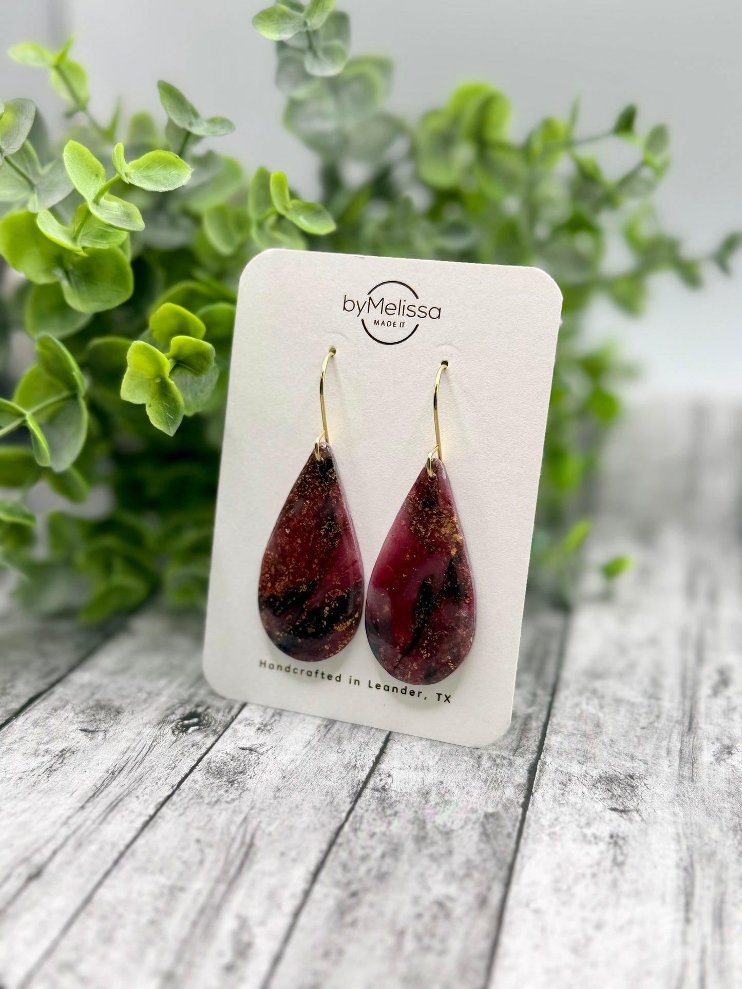 Maroon and Black Small Teardrop Drop Earrings in Gold