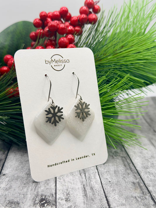 White and Silver Rounded Square Drop Earrings with Snowflake Charm