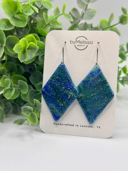 Forest Green and Blue Large Diamond Drop Earrings in Silver