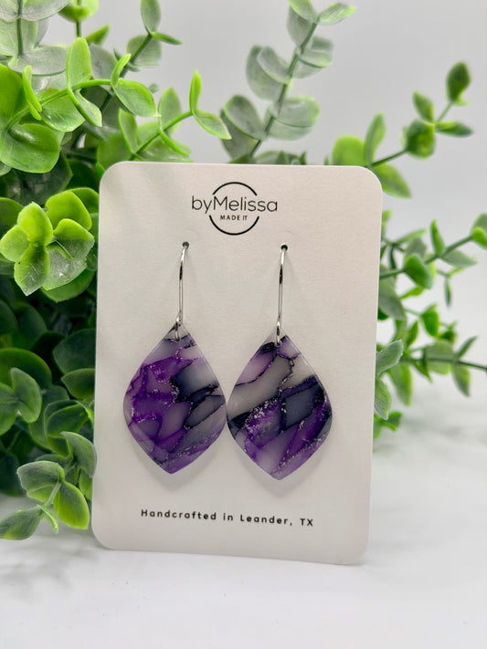 Purple and Black Small Wide Leaf Drop Earrings in Silver
