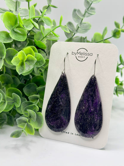Purple and Black Large Teardrop Drop Earrings in Silver