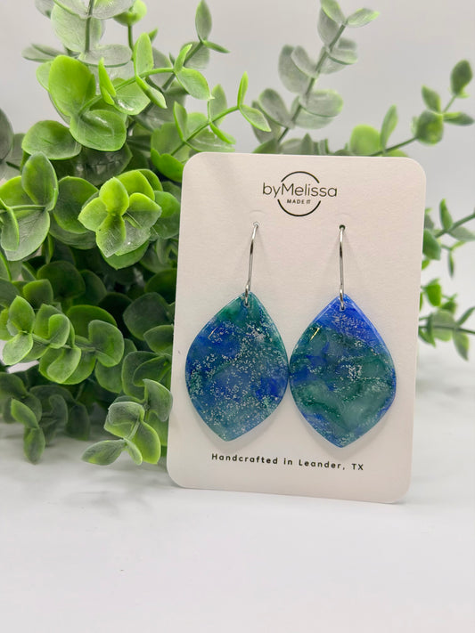 Forest Green and Blue Large Wide Leaf Drop Earrings in Silver