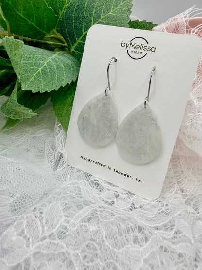 White and Silver Small Wide Teardrop Drop Earrings