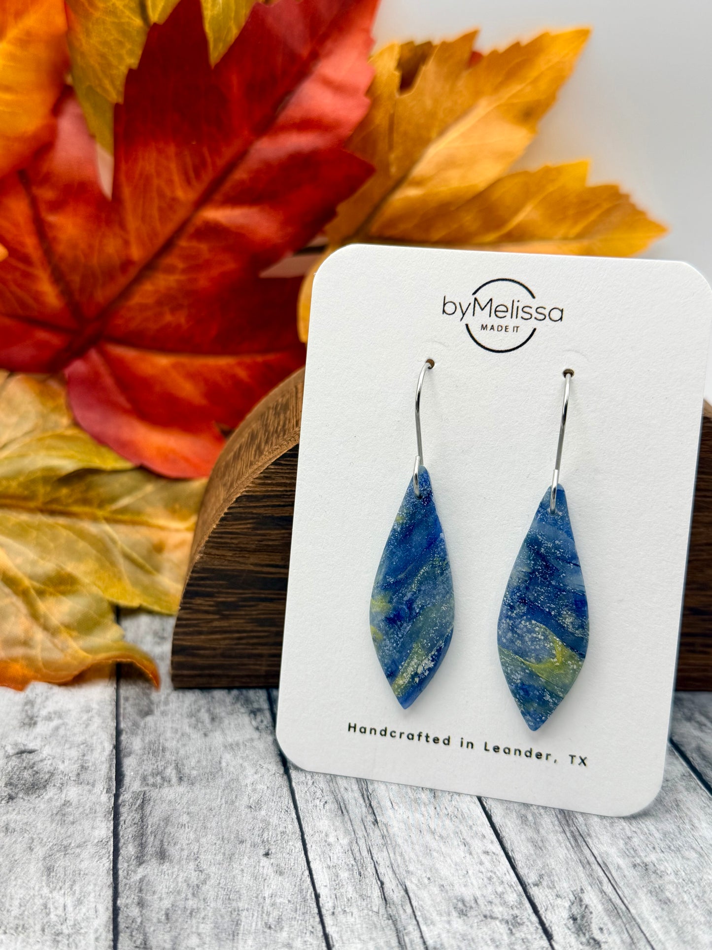 Navy and Mustard Small Elongated Kite Drop Earrings in Silver