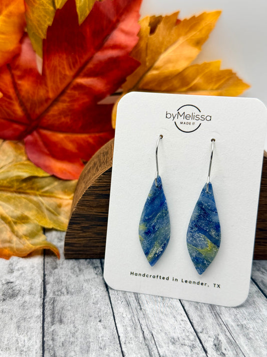 Navy and Mustard Small Elongated Kite Drop Earrings in Silver