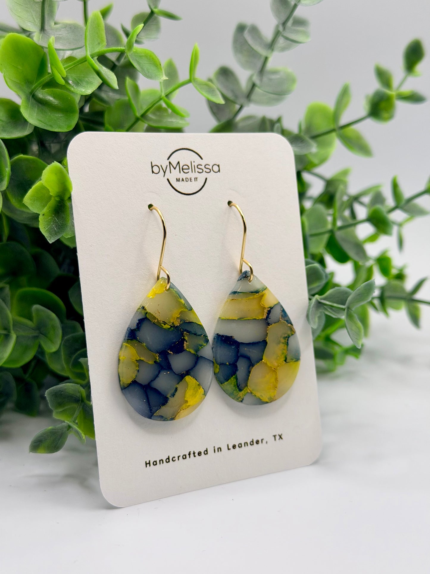 Navy and Gold Small Wide Teardrop Drop Earrings in Gold