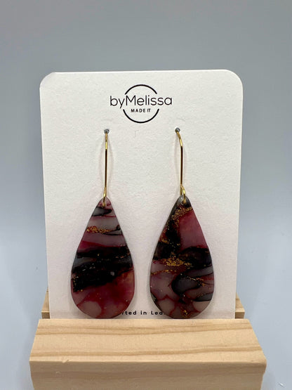 Maroon and Black Small Teardrop Drop Earrings in Gold