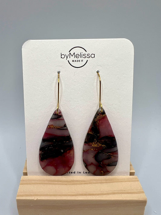 Maroon and Black Small Teardrop Drop Earrings in Gold