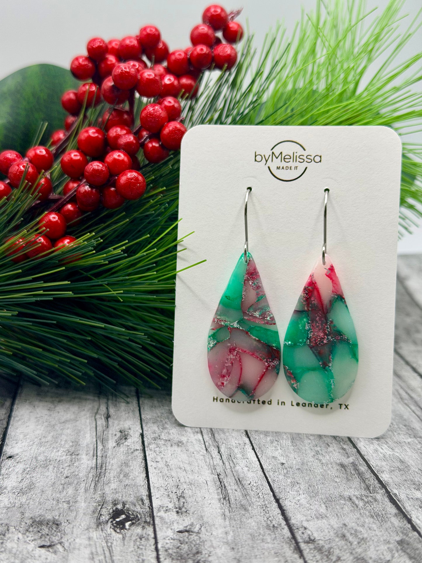 Red and Green Teardrop Drop Earrings in Silver