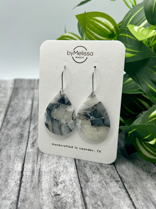 Black and White Small Wide Teardrop Drop Earrings in Silver