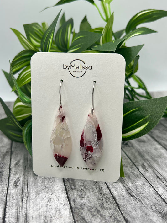 Maroon and White Small Elongated Kite Drop Earrings in Silver