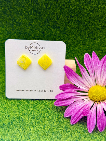 Yellow Rounded Square Stud Earrings