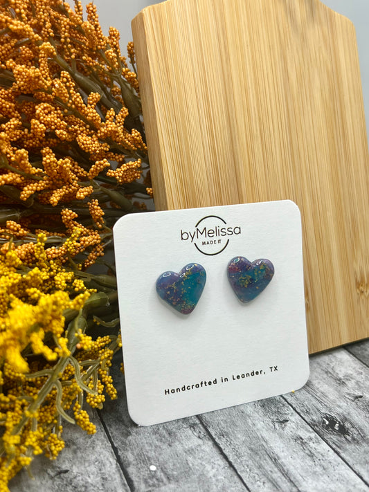 Teal and Plum Heart Stud Earrings