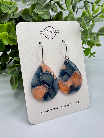 Navy and Peach Small Wide Teardrop Drop Earrings in Silver