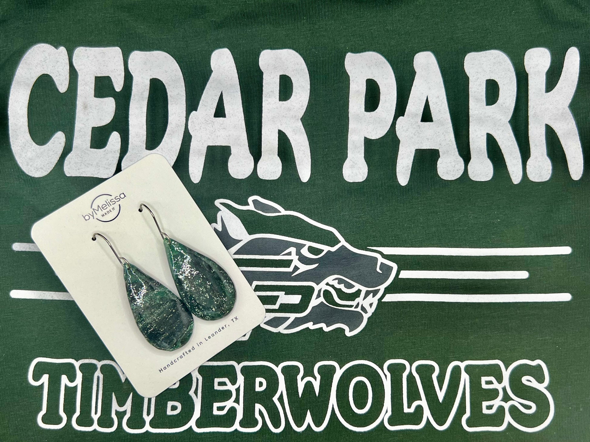 Cedar Park High School earrings, green and black CPHS spirit jewelry, Timberwolves game day accessory