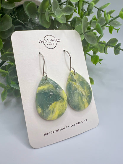 Yellow and Sage Small Wide Teardrop Drop Earrings in Silver