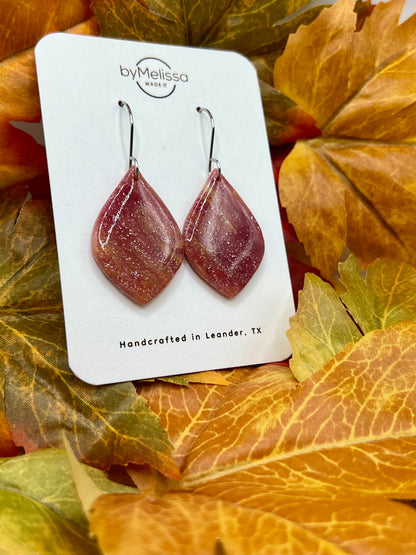 Maroon and Mustard Small Wide Leaf Drop Earrings in Silver