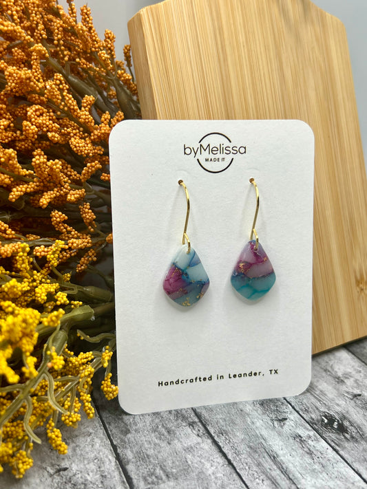 Teal and Plum Petite Kite Drop Earrings in Gold