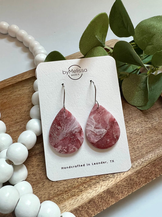 Maroon, Pink, and White Small Wide Teardrop Drop Earrings in Silver