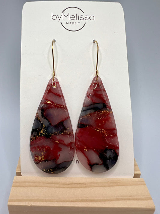 Maroon and Black Large Teardrop Drop Earrings in Gold