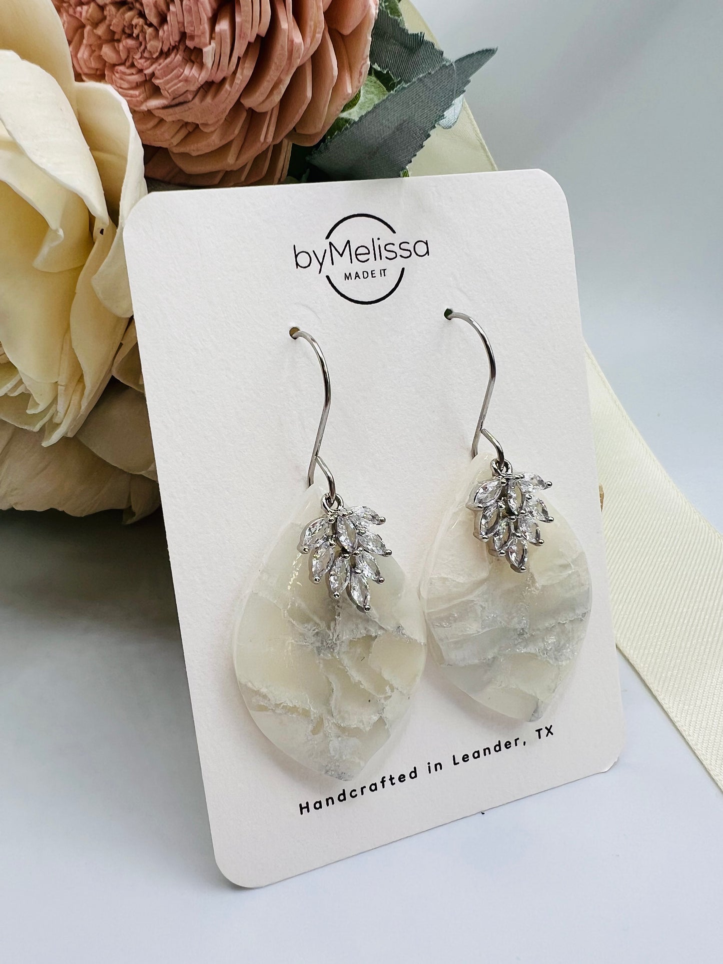 White and Silver Large Wide Leaf Drop Earring