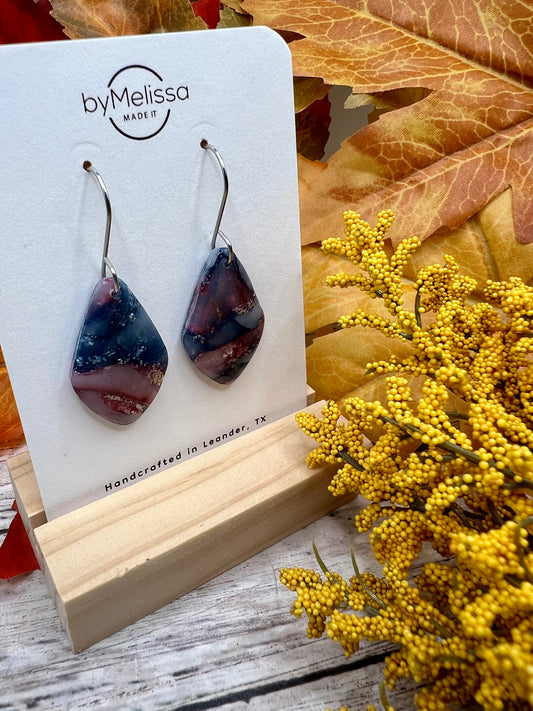 Navy and Maroon Small Kite Drop Earrings in Silver