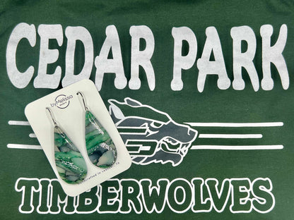 Cedar Park High School earrings, green and black CPHS spirit jewelry, Timberwolves game day accessory
