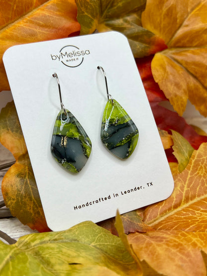 Citrus Green and Black Small Kite Drop Earrings in Silver