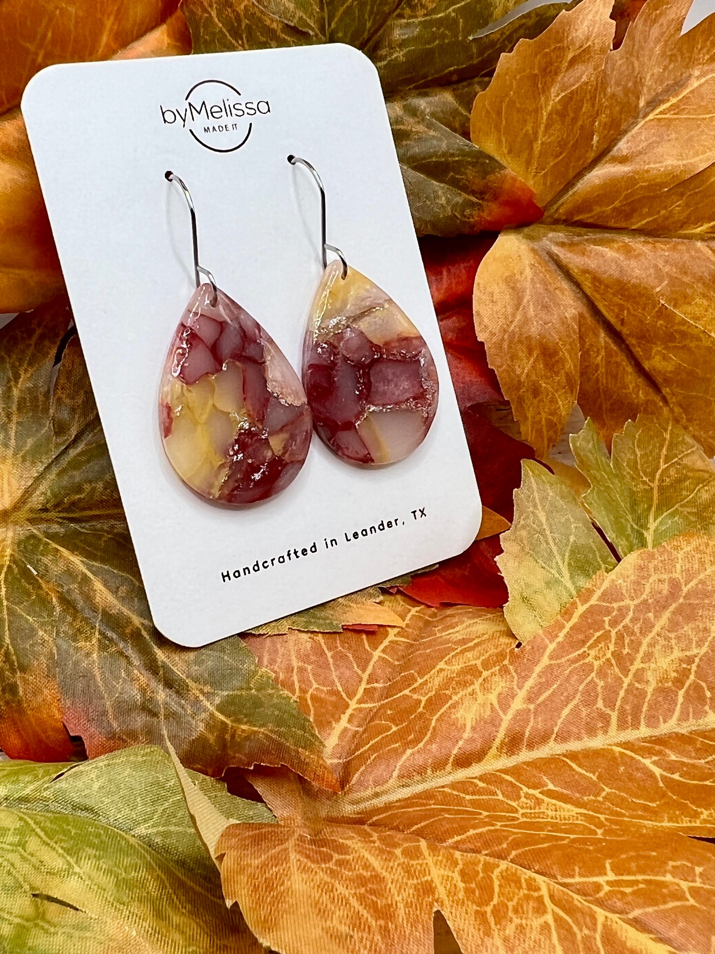 Maroon and Mustard Small Wide Teardrop Drop Earrings in Silver