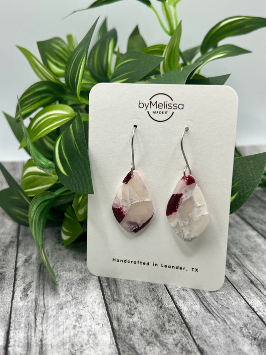 Maroon and White Small Kite Drop Earrings in Silver
